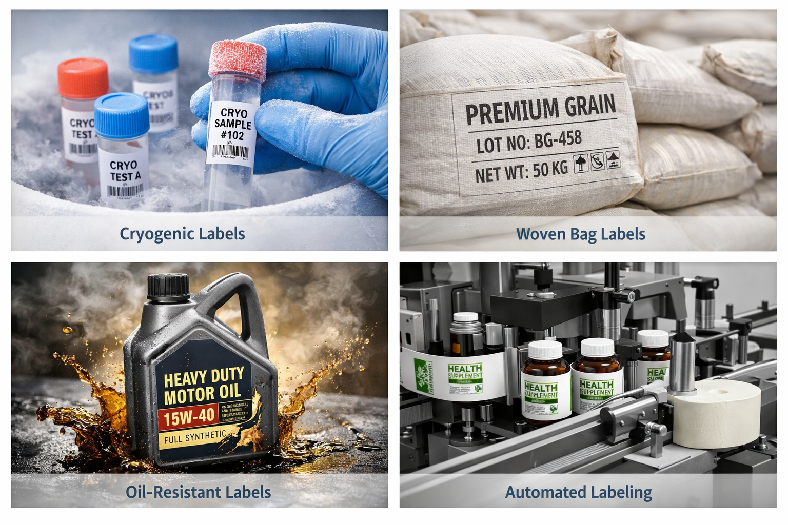 Product showcase tiles for cryogenic, woven bag, oil resistant, and auto-labelling applications
