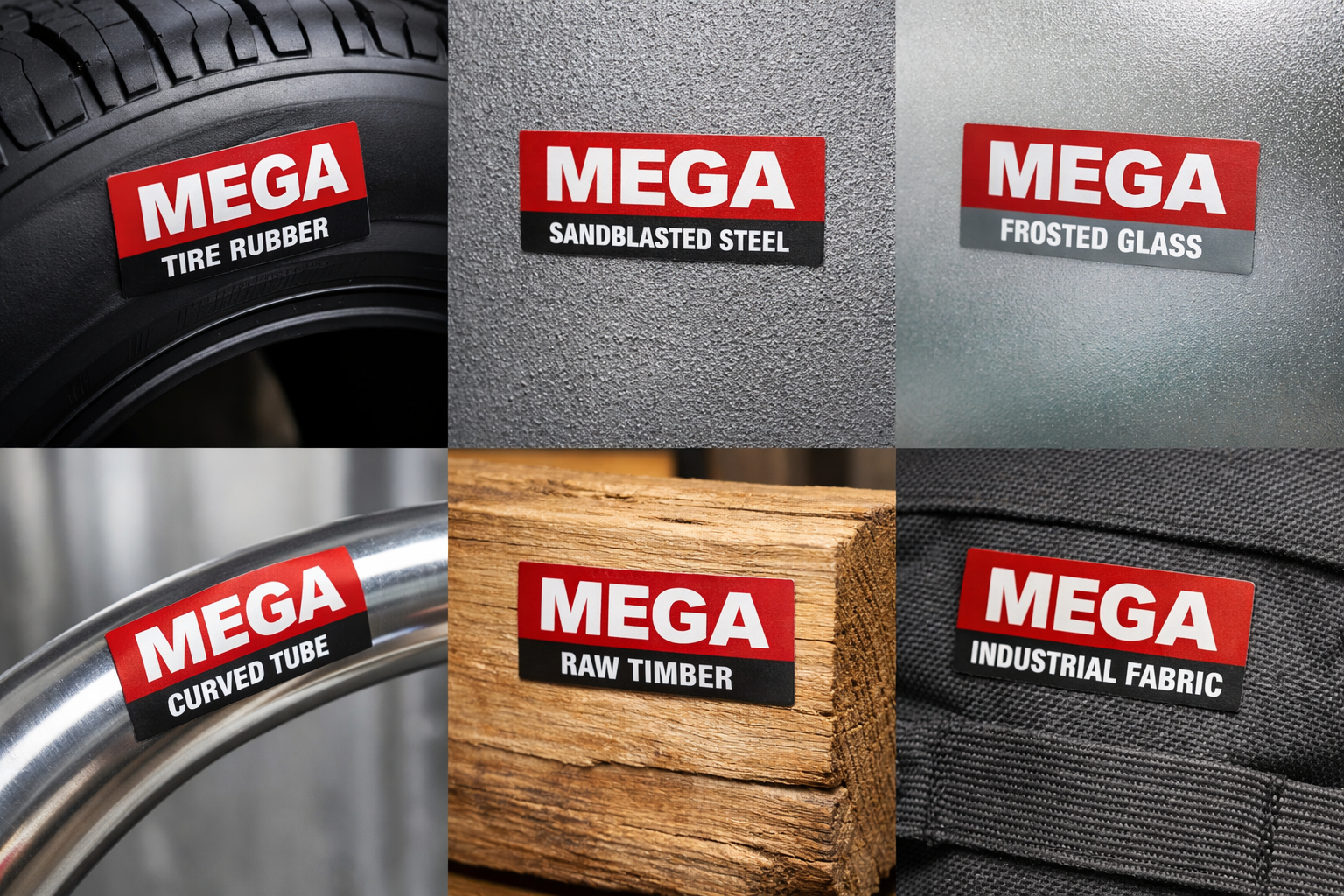 Specialty surface labels on rubber, steel, glass, tubes, wood, and fabric